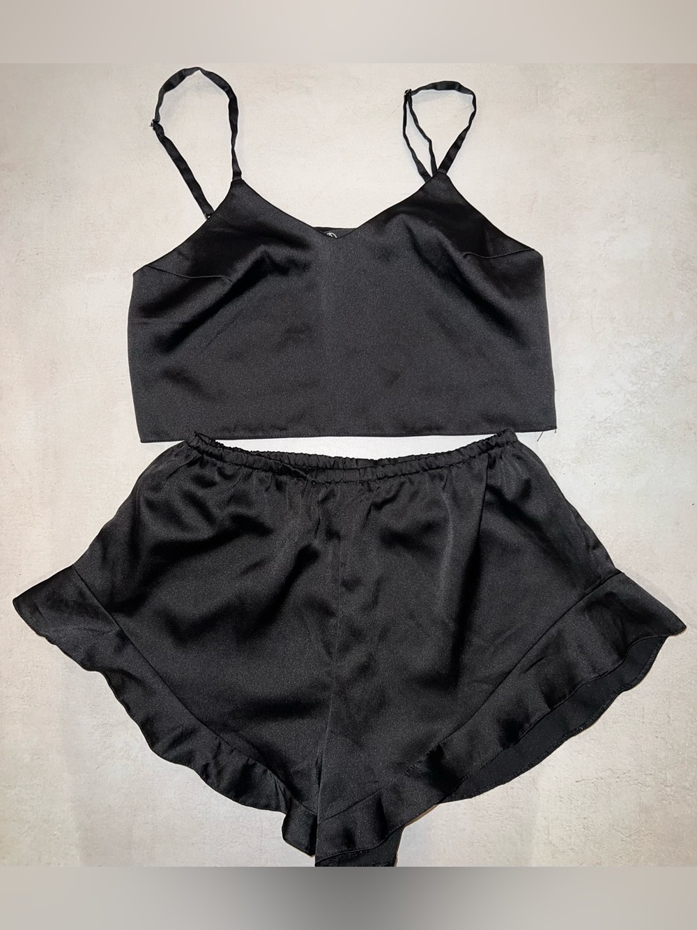 Missguided 0 Black PJ Satin Silk Cropped Cami Ruffle Hem Shorts Sleep Set